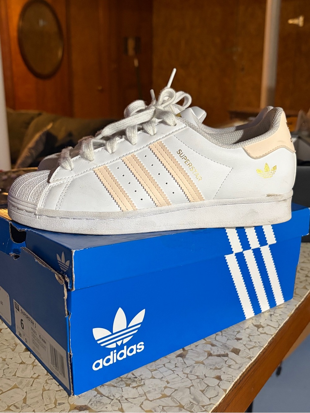 adidas Superstar “White Glow Orange” Sneakers in White with Pale Peach colorTrim